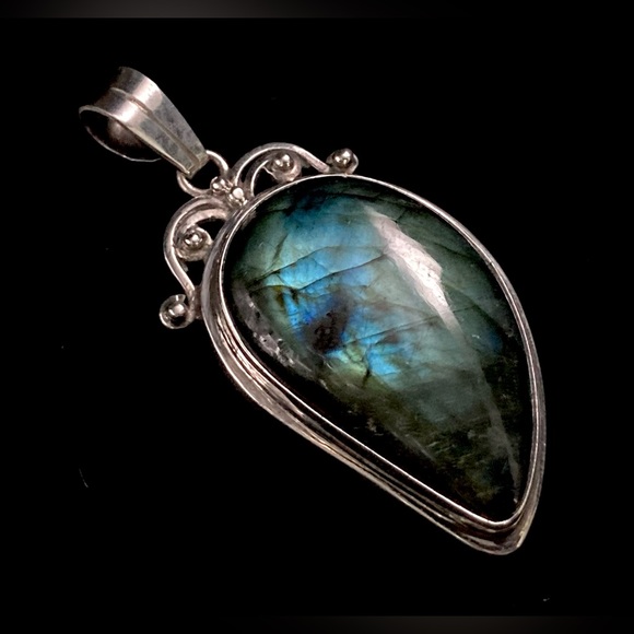 Large Vintage Labradorite Rare Blue Flash  Spectrolite 925 Gemstone Pendant - Picture 3 of 13